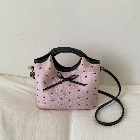Damen Faltentasche Mit Schleifenprint Geknittertes PU Leder Schultertasche Umhängetasche Süßer Herzanhänger Mode