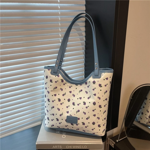 Grand Sac Cabas Femme en Cuir PU Imprimé Floral à Pois Sac à Épaule Style Coréen Sac Sous le Bras Chic Frais