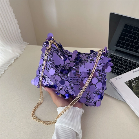 Bolso de Hombro con Lentejuelas de Moda para Mujer Gran Capacidad Cadena Bandouliera Bolso de Fiesta Brillante Cuadrado