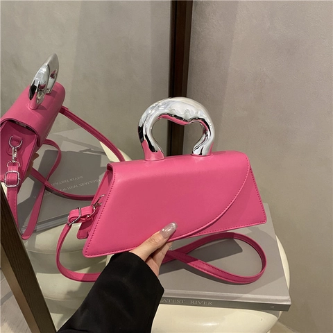 PU Leder Trapez Schultertasche Für Damen Mit Unregelmäßigem Silber Metallgriff Große Kapazität Minimalistische Handtasche
