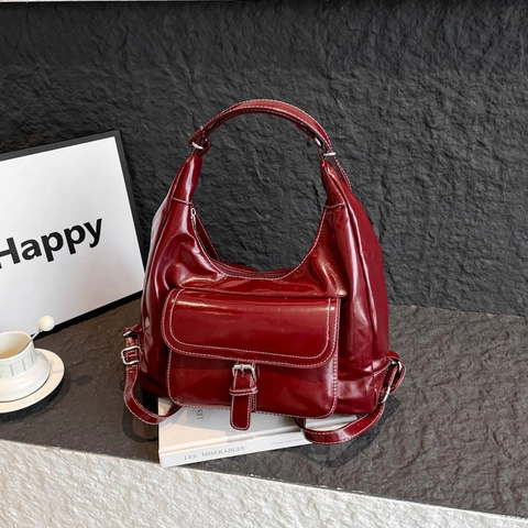 Vintage Glossy PU Leather Shoulder Bag For Women Contrast Stitching Large Capacity Hobo Bag Casual Tote With Bear Pendant