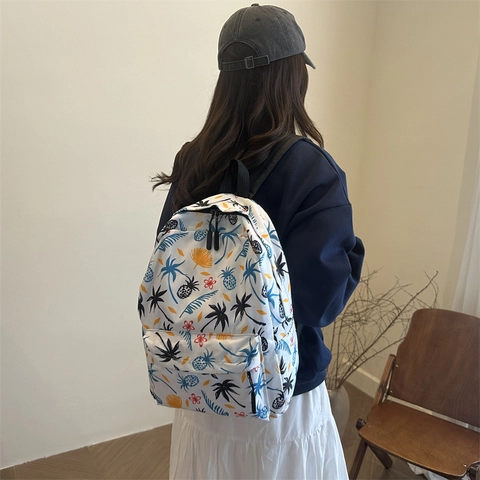 Zaino in Nylon in Stile Coreano di Moda Grande Capacità Borsa da Scuola Stampata per Donne Studenti Cuore Graffiti Motivo Tropicale