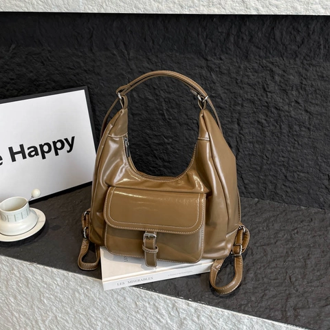 Vintage Glossy PU Leather Shoulder Bag For Women Contrast Stitching Large Capacity Hobo Bag Casual Tote With Bear Pendant