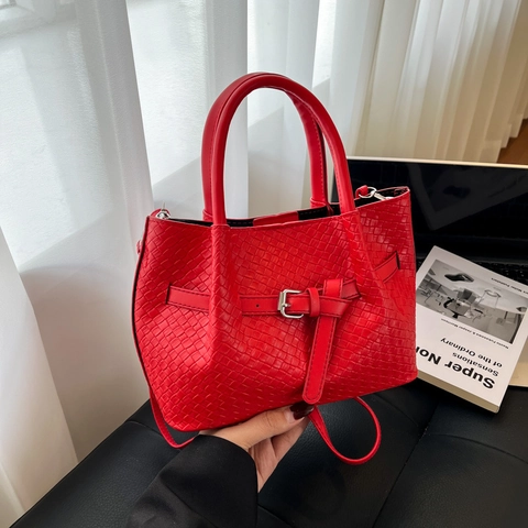 Damen Gewebte PU Leder Umhängetasche Große Kapazität Handtasche Mit Gürtelschnalle Chic Minimalistisch Crossbody Tote Bag Für Büro
