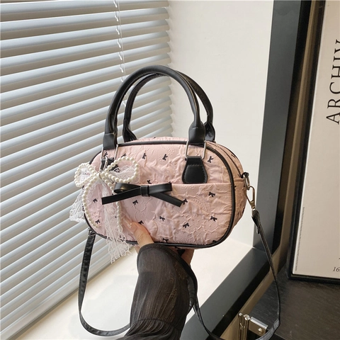 Bolso de Mano Bowling Dulce para Mujer Textura de Burbujas Patrón de Lazo Bolso Bandolera Plisado Color de Contraste