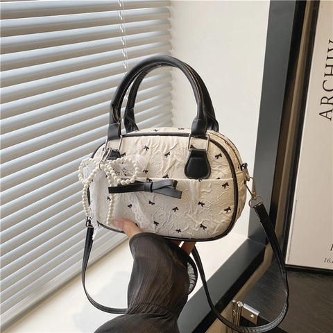 Bolso de Mano Bowling Dulce para Mujer Textura de Burbujas Patrón de Lazo Bolso Bandolera Plisado Color de Contraste