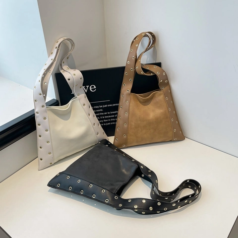 Bolso Tote Vintage de Cuero PU Gran Capacidad Con Decoración de Ojales Metálicos Bolso de Hombro de Moda Minimalista Mujer