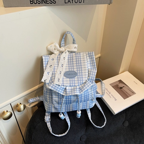 Damen Mini Gingham Segeltuch Rucksack Mode Kordelzug Schultasche Mit Spitze Schleife Rüschen Kleiner Frischer Karo Reise Rucksack