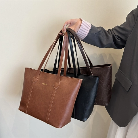 Women Vintage PU Leather Large Capacity Tote Bag Minimalist Fashion Commuting Shoulder Bag With Zipper Casual Solid Handbag