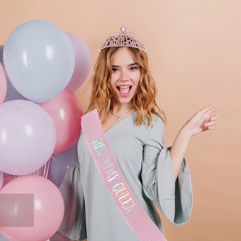 Rhinestone Birthday Tiara Crown And Glitter Sash Celebration Accessory For Women Girls Birthday Queen Princess Decoration