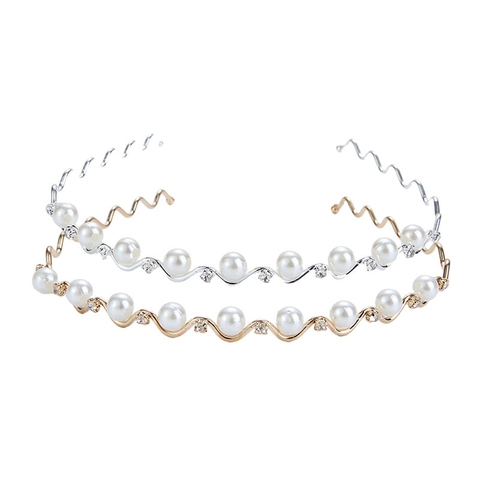 Elegante Cerchietto in Metallo Ondulato per Donna Con Decorazione in Perla Artificiale e Strass Oro Argento Semplici Accessori per Capelli