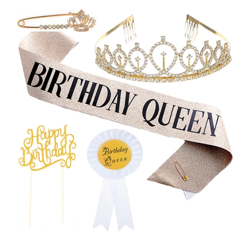 Ensemble d'Accessoires de Luxe Gold Birthday Queen Écharpe à Paillettes Couronne de Strass Tiare Badge Décoration de Gâteau Fête