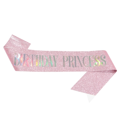 Σετ Κορδέλας Birthday Princess με Χρυσόσκονη και Σήμα Birthday Queen από Σατέν για Διακόσμηση Πάρτι Γενεθλίων