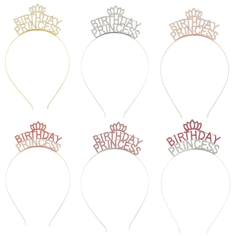 Birthday Princess Rhinestone Tiara Zinc Alloy Headband Gold Silver Rose Gold Crown Hair Accessories For Women Girls Party Decorations
