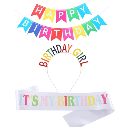 Verjaardagsfeest Decoratie Regenboog Happy Birthday Banner Birthday Girl Haarklem It's My Birthday Sjerp Voor Meisjes