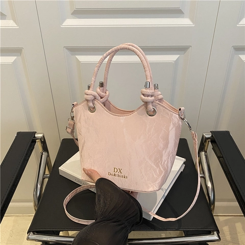 Damen Koreanischer Stil PU Leder Eimertasche Minimalistisch Große Kapazität Geknitterte Textur Handtasche Mit Schultergurt Umhängetasche