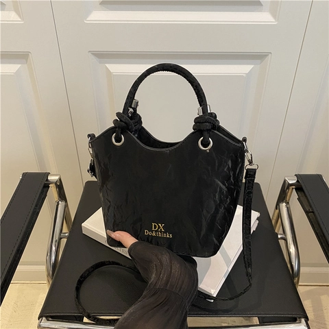 Damen Koreanischer Stil PU Leder Eimertasche Minimalistisch Große Kapazität Geknitterte Textur Handtasche Mit Schultergurt Umhängetasche
