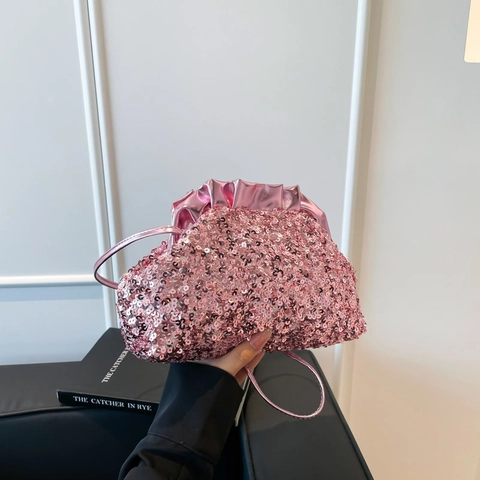 Women Ruched PU Leather Sequin Evening Bag Shimmering Cloud Bag Shoulder Crossbody Clutch Party Handbag With Slim Strap Bag