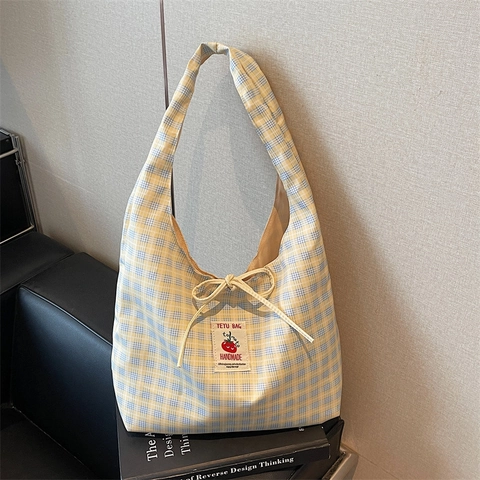 Women Large Capacity Gingham Canvas Tote Bag Korean Fresh Checkered Shoulder Bag With Bow Tie And Handmade Tomato Label