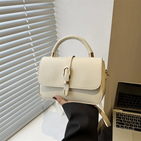 Bolso de Bandolera Pequeño Cuadrado de Cuero PU para Mujer Color Sólido Textura Lichi Bolso de Hombro con Asa Hebilla de Metal