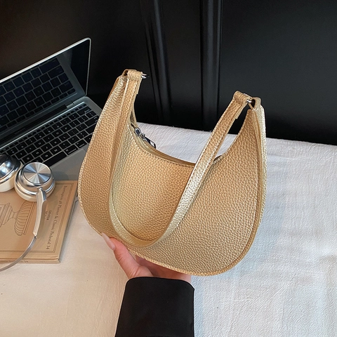 Bolso Hobo de Media Luna de Nailon con Grano de Litchi Color Metálico Bolso de Hombro de Axila Gran Capacidad Color Sólido