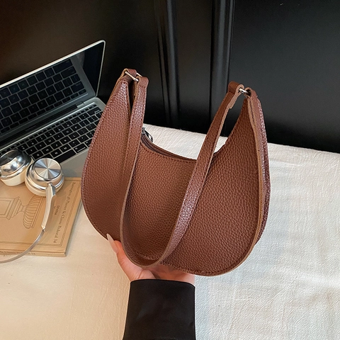 Bolso Hobo de Media Luna de Nailon con Grano de Litchi Color Metálico Bolso de Hombro de Axila Gran Capacidad Color Sólido
