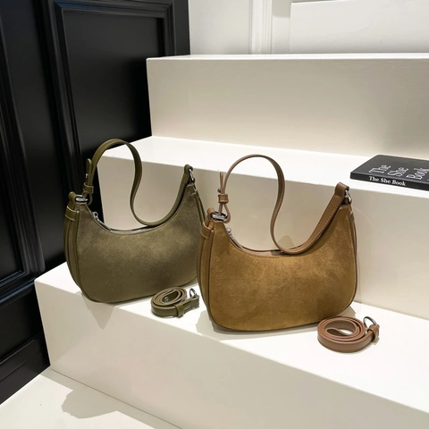 Women Vintage Minimalist Suede PU Patchwork Hobo Bag Retro Solid Color Shoulder Crossbody Dumpling Bag With Adjustable Strap