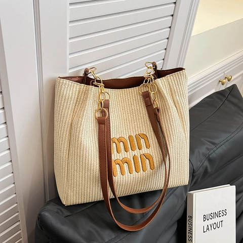 Dames Geweven Nylon Tote Tas Grote Capaciteit Casual Mode Schoudertas Met Ketting Geborduurd Reizen Strandtas