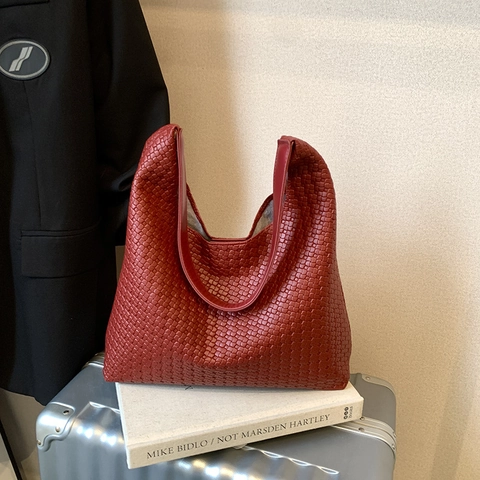 Bolso de Hombro de Cuero PU Tejido Vintage para Mujer Gran Capacidad Bolso Tote Urbano Simple Hobo Bag Color Sólido Bolso de Mano