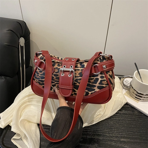 Vintage Leopard Print PU Underarm Bag Rivet Buckle Shoulder Bag For Women Fashion Y2K Style Casual Versatile Handbag Purse
