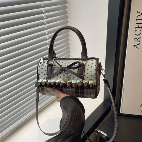 Zoete Retro Strik Stippen Geruit Patchwork Schoudertas Voor Dames Mode Sterrenprint Ruffle Handtas Met Harthanger