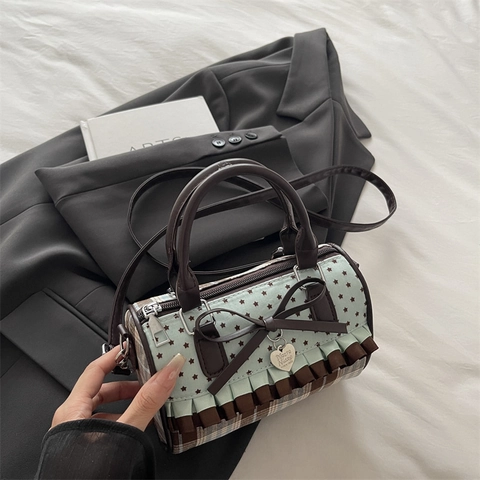 Zoete Retro Strik Stippen Geruit Patchwork Schoudertas Voor Dames Mode Sterrenprint Ruffle Handtas Met Harthanger