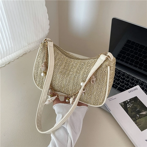 Borsa a Tracolla da Donna in Paglia Intrecciata con Decorazione di Perle Artificiali e Conchiglie Borsa da Spiaggia Estiva