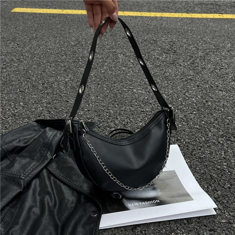 Women Minimalist Crescent Shoulder Bag PU Leather Hobo Bag With Silver Metal Chain And Eyelet Strap Chic Underarm Bag