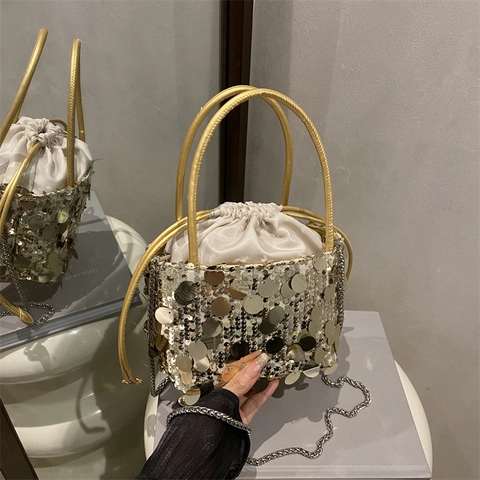 Moda Secchiello a Coulisse con Paillettes Grande Capacità Borsa a Tracolla in PU con Catena in Metallo per Donna Festa