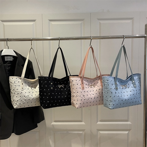 Bolso Tote de Gran Capacidad con Estampado de Lazo para Mujer Bolso de Hombro de Tela Jacquard Plisada con Decoración de Lazo