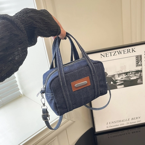 Vintage Denim Contraststiksels Mini Boston Tas Modieuze Dames Handtas Crossbody Schoudertas Met Verstelbare Riem
