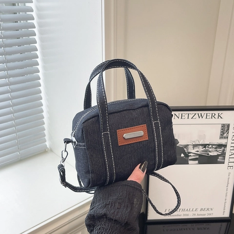 Vintage Denim Contraststiksels Mini Boston Tas Modieuze Dames Handtas Crossbody Schoudertas Met Verstelbare Riem