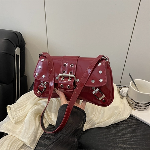 Bolso de Axila Retro Punk para Mujer Moda de Cuero PU Bolso de Hombro Color Sólido Gran Capacidad Bolso de Mano Estilo Y2K