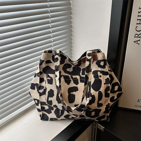 Femmes Grande Capacité Imprimé Léopard Sac Fourre-Tout en Toile Mode Trajet Sac à Épaule Avec Poche Externe Travail École Sac
