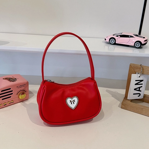 Fashion Women Heart Rhinestone Underarm Bag PU Leather Bow Decor Shoulder Bag Sweet Style Minimalist Handbag Girls Gift