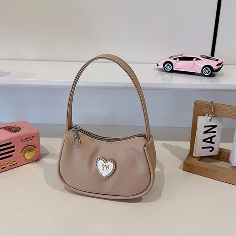 Fashion Women Heart Rhinestone Underarm Bag PU Leather Bow Decor Shoulder Bag Sweet Style Minimalist Handbag Girls Gift