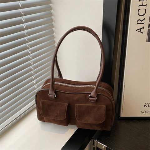 Bolso de Hombro de Nailon de Gran Capacidad para Mujer Minimalista Urbano Efecto Gamuza Bolso de Axila Con Doble Bolsillo Delantero Retro