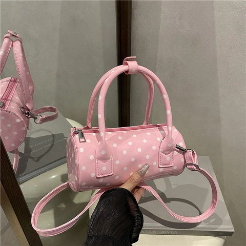 Damen Retro Punktmuster Zylindertasche Mode PU Leder Umhängetasche Für Den Täglichen Gebrauch Große Kapazität Unterarmtasche Handtasche