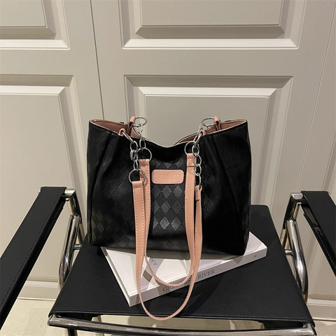 Retro PU Leer Tote Bag Grote Capaciteit Voor Dames Ruitpatroon Metalen Ketting Schoudertas Dagelijks Woon-werkverkeer Handtas