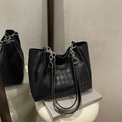 Retro PU Leer Tote Bag Grote Capaciteit Voor Dames Ruitpatroon Metalen Ketting Schoudertas Dagelijks Woon-werkverkeer Handtas