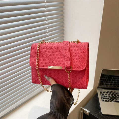 Bolso de Hombro Cuadrado con Cadena Tejida en Relieve Retro para Mujer Bolso de Bandolera de Cuero PU Minimalista Hebilla Oro