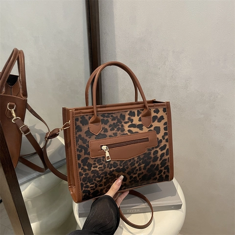 Borsa Tote in Pelle PU con Stampa Leopardata da Donna alla Moda Elegante Borsa a Tracolla Quadrata Borsa da Pendolare alla Moda con Tasca con Cerniera