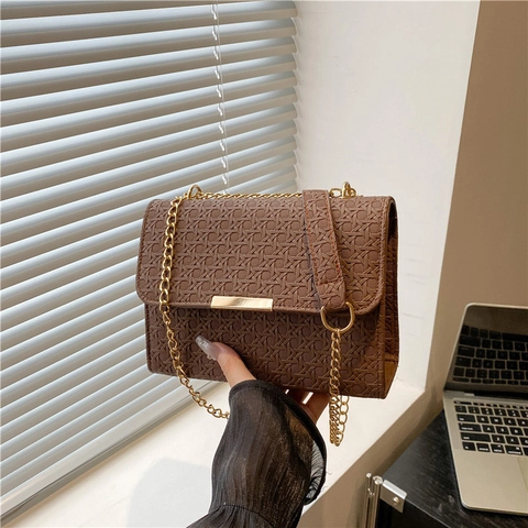 Bolso de Hombro Cuadrado con Cadena Tejida en Relieve Retro para Mujer Bolso de Bandolera de Cuero PU Minimalista Hebilla Oro