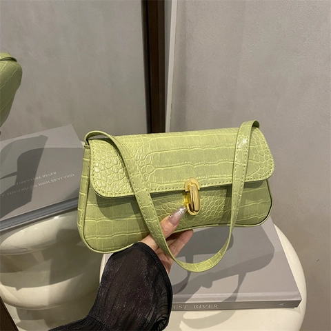 Damen Krokodilmuster PU Leder Achseltasche Retro Kleine Quadratische Schultertasche Mit Metallschloss Casual Baguette Tasche